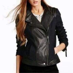 Lucky Brand Miz Hybrid Moto Zip Jacket Black Canvas Goat Leather Cotton Size M
